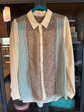 Cecico Cream Button-Up Shirt with Brown Floral & Teal Stripe Panels